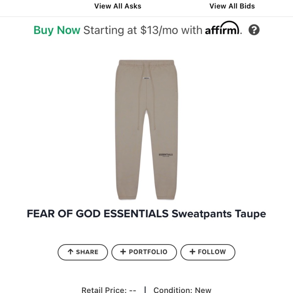 Brand new never worn FOG women’s taupe sweatpants